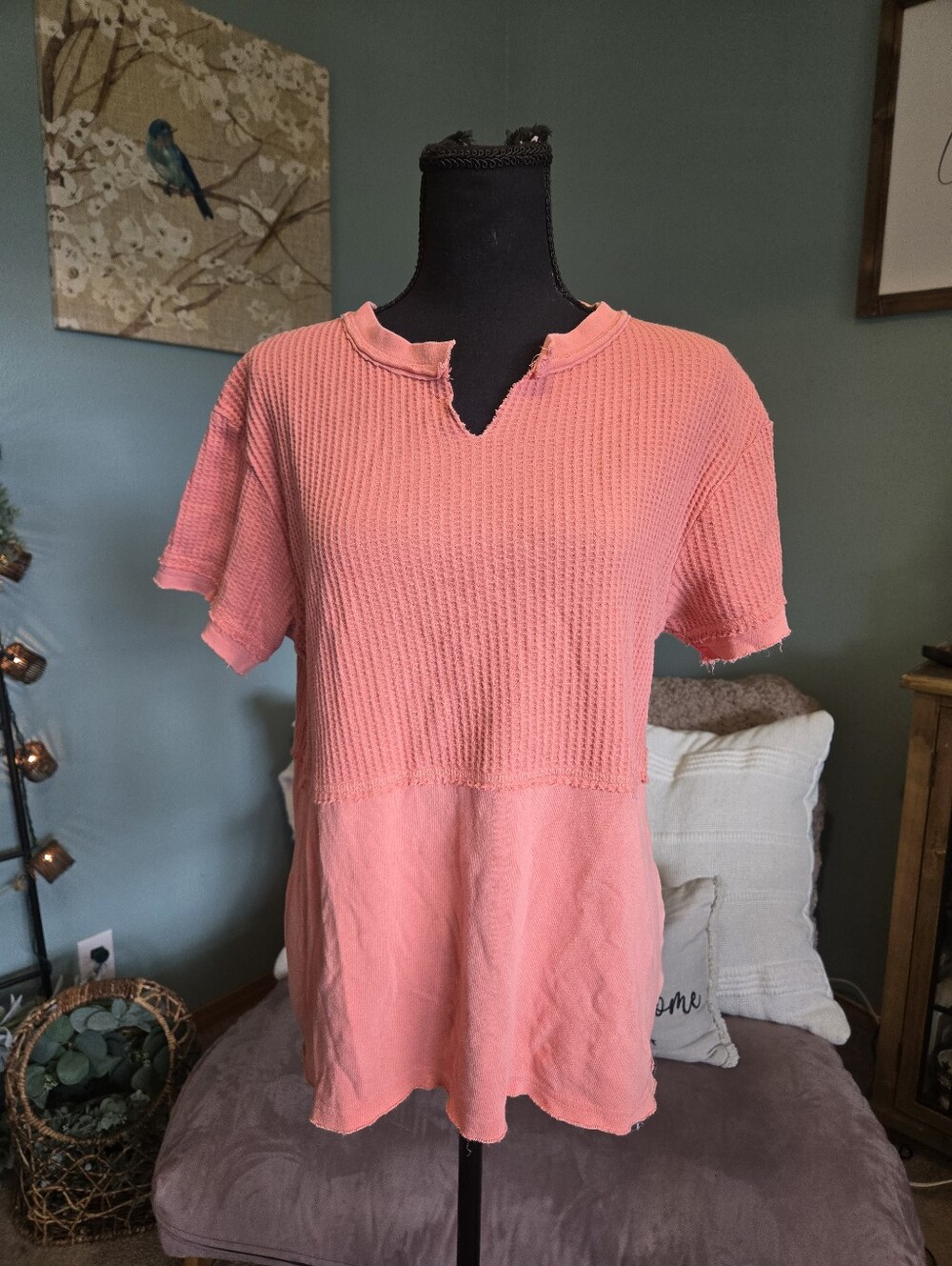 BKE Coral Pink Waffle-Panel Short Sleeve Top